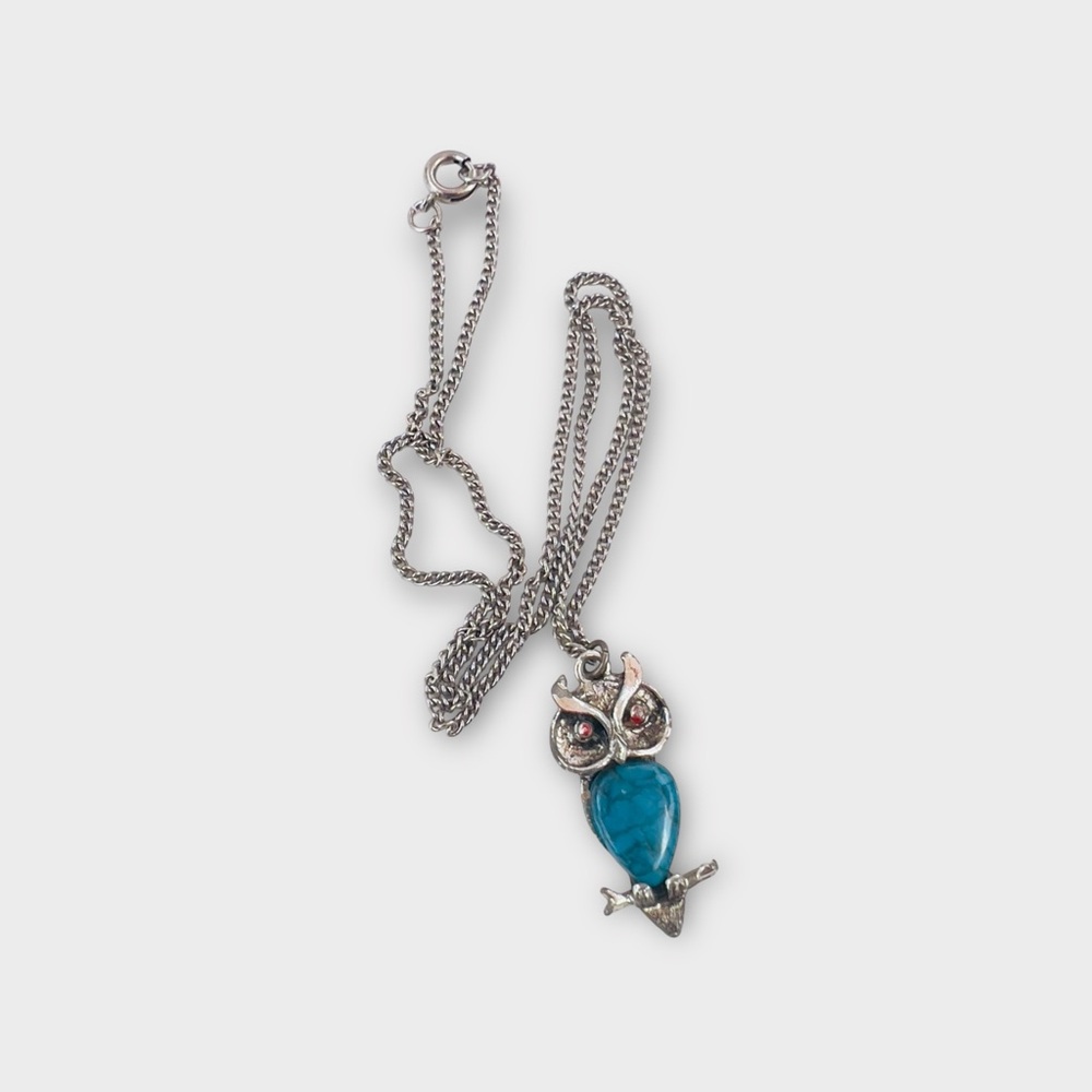 Lot Of 2 Vintage Owl Pendants Gold & Silver Tone Blue Lucite Turquoise Howlite - Picture 14 of 16